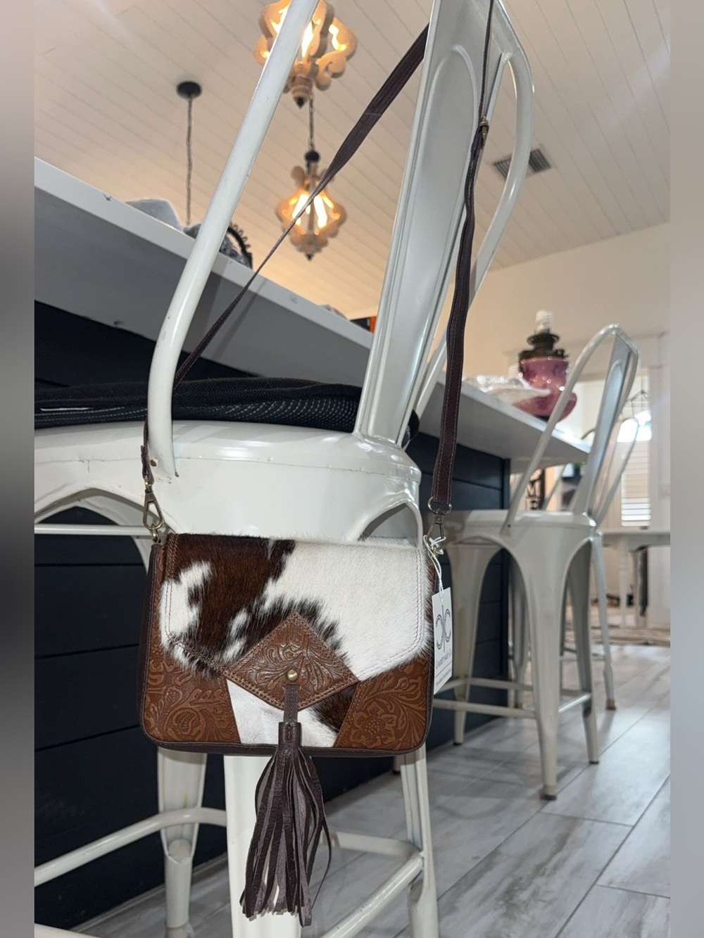 Women's Brown & White Cowhide Crossbody Bag with Tassel👛✨